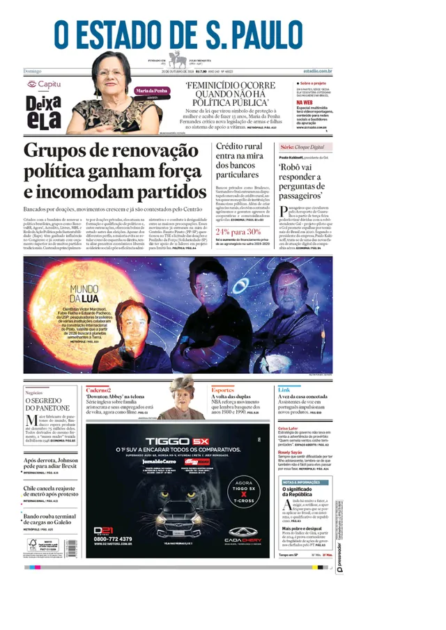 Capa de O Estado de S. Paulo de 20 de outubro de 2019, com foto da equipe brasileira do satélite PLATO